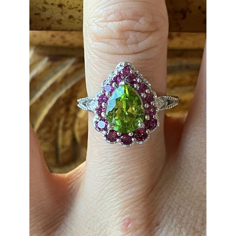 Natural Peridot Garnet Sterling Silver Ring Size 6